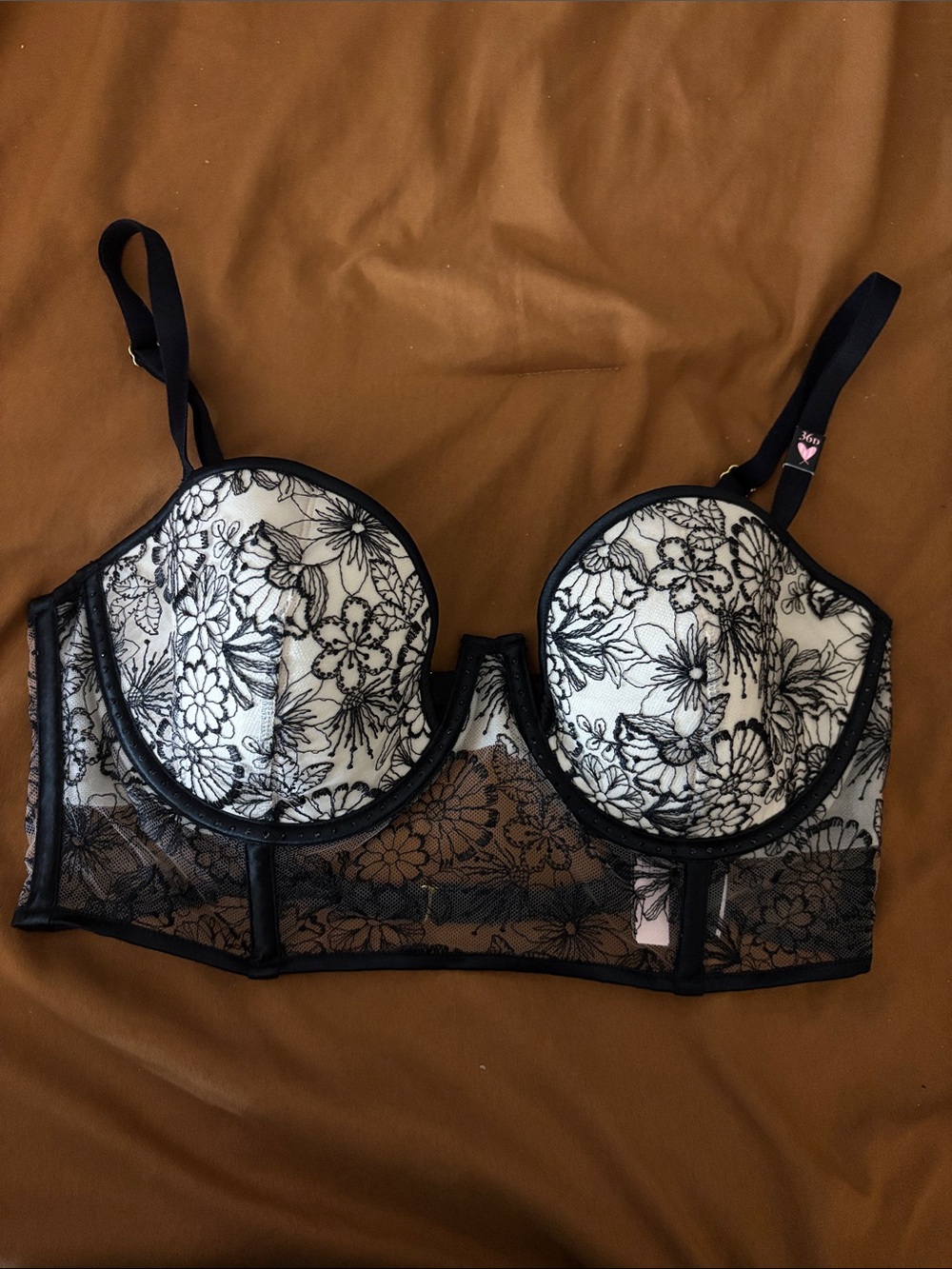 Victoria's Secret Black & Ivory Floral Lace Longline Bra